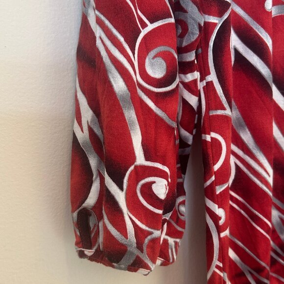 BCBGMaxAzria 3/4-sleeve scoopneck blouson dress, red swirl pattern, sz M - Picture 6 of 9